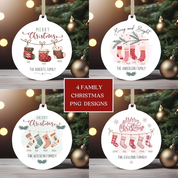 Family Socks Christmas Ornament Bundle, Round Xmas Ornament Sublimation PNG, Instant Digital Download, Personalized Family Ornament Designs.