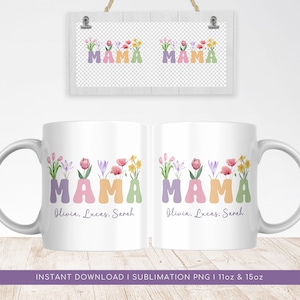 Puede incluir: Una taza de cerámica blanca con un diseño floral colorido y la palabra "MAMA" en colores pastel. La taza también incluye los nombres "Olivia, Lucas, Sarah" impresos debajo del diseño. Este diseño de sublimación está disponible para tazas de 11 oz y 15 oz.