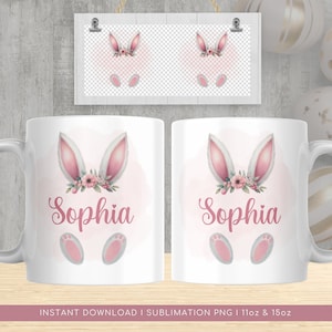 Tazza personalizzata con coniglietto pasquale PNG, tazza acquerello con orecchie da coniglio floreali, tazza per sublimazione di buona Pasqua PNG, download immediato di Transfer Wrap