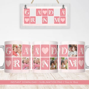 Tazza con griglia fotografica floreale della nonna PNG, carta digitale per sublimazione della nonna. Tazza con foto personalizzata della nonna PNG. Regalo personalizzato per la nonna