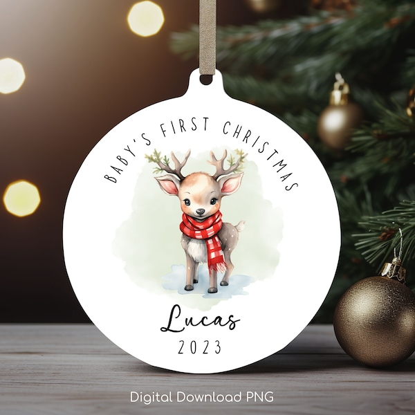 Personalized Baby's 1st Christmas Ornament, Cute Baby Deer PNG Instant Download, Christmas Sublimation Ornament, PNG Wrap Transfers Design.