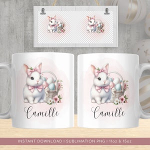 Tazza personalizzata con coniglietto pasquale in formato PNG, tazza acquerello con coniglietto carino, tazza con stampa a sublimazione con uova di Pasqua in formato PNG, download immediato con trasferimento termico.