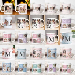 May include: Collection of white ceramic mugs featuring personalized photo collages. Some mugs have text like "mum," "mama," "love," and initials. Designs include hearts and pet photos, ideal for gifts.