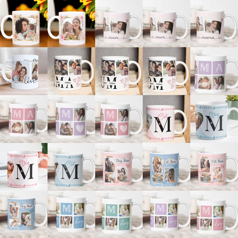May include: Collection of white ceramic mugs featuring personalized photo collages. Some mugs have text like "mum," "mama," "love," and initials. Designs include hearts and pet photos, ideal for gifts.