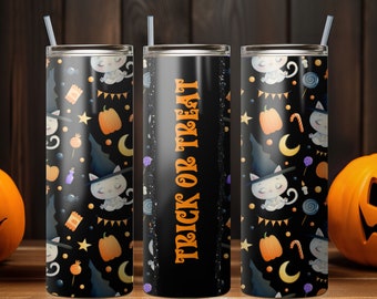 Halloween Tumbler PNG, Trick or Treat PNG Tumbler, Halloween Tumbler Pompoen Patroon, 20 oz Skinny Tumbler Wrap Design PNG. Directe download