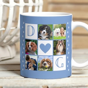 May include: White ceramic mug with a light blue background. It features a collage of dog photos, a blue heart, and the letters "D" and "G". Paw prints decorate the sides. A gift for dog lovers.