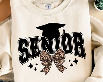 Retro Senior Leopard Bow PNG, Graduation Shirt Design (Digital Download)