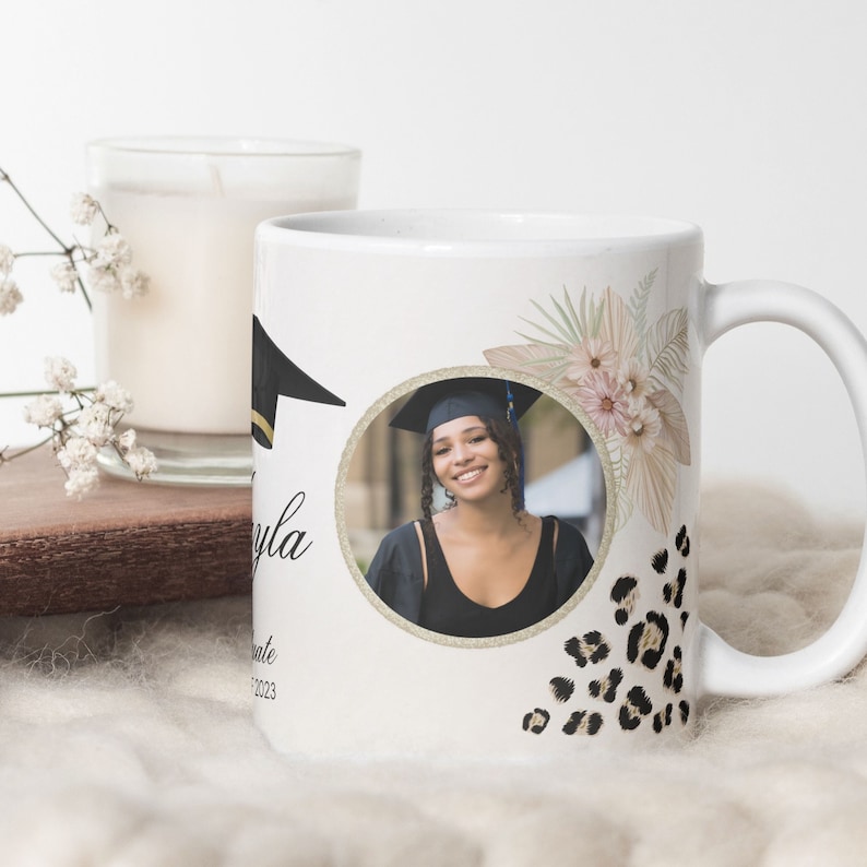 Graduation Photo Mug Design PNG for Sublimation, Graduate Personalized Photo Mug PNG, Graduate Floral Mug, Wrap Transfers Instant Download. image 1