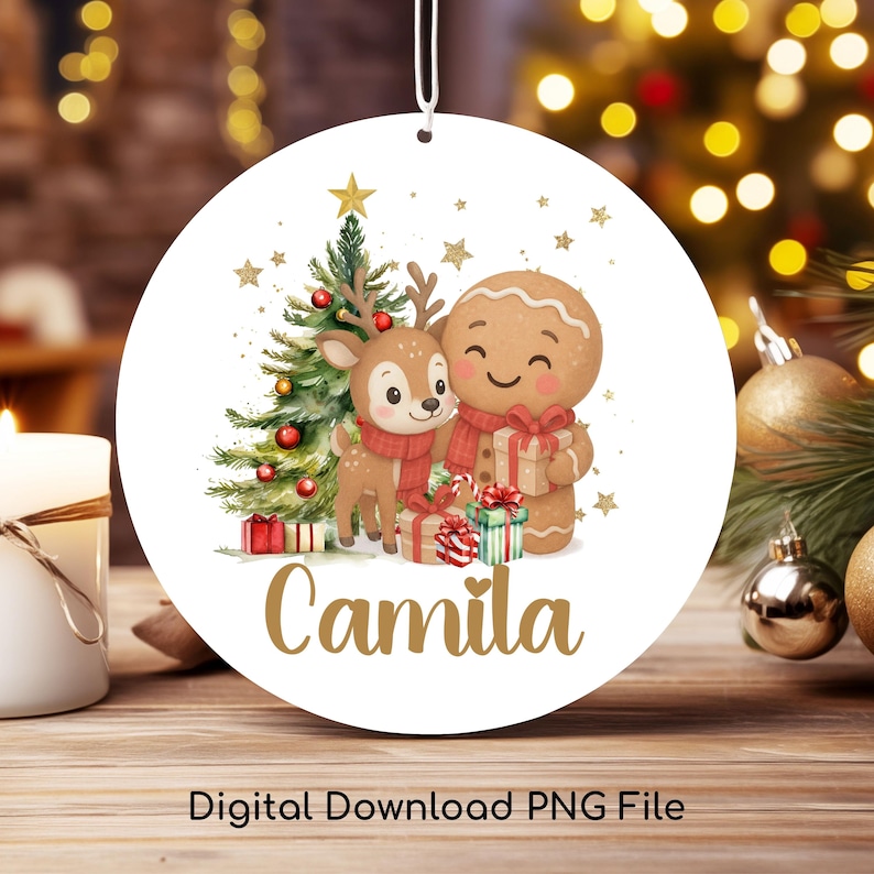 May include: A round Christmas ornament featuring a festive design. It showcases a gingerbread person and a deer, both wearing scarves, alongside a decorated Christmas tree and wrapped gifts. The name "Camila" is written in gold script. The text "Digital Download PNG File" is at the bottom.