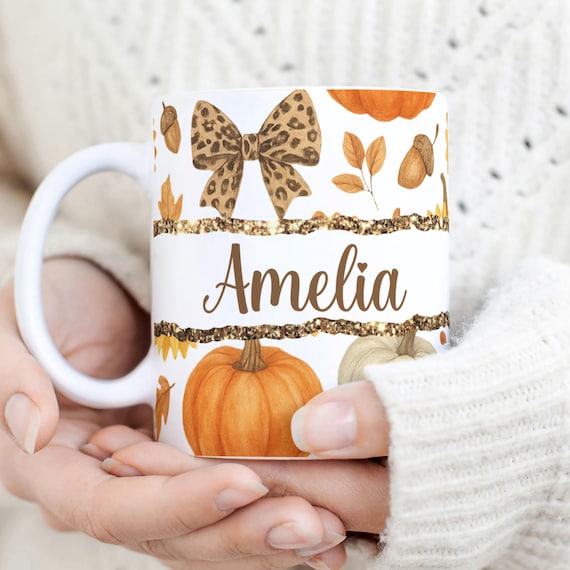 Pumpkin Mug Wrap, Custom Name Mug Sublimation, Leopard Coquette Bow PNG Mug, Thanksgiving Mug Transfers 11oz & 15oz, Fall Season PNG Mug.