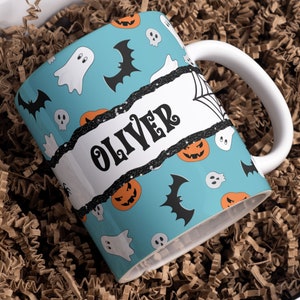 Caneca de sublimação de Halloween, adicione nome, arquivo de caneca PNG personalizado para sublimação, padrão de caneca de Halloween, arquivo PNG de caneca, transferências de envoltório de caneca 11oz e 15oz