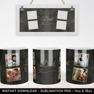 May include: A sublimation design for an 11oz or 15oz mug featuring a black and gold marble background with three photo spaces. The text "Dad" is written in gold script with a heart design. The mug is a great gift for Father's Day or any occasion.