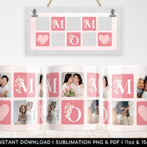 MOM Floral Photo Grid Mug Design. Mother Sublimation Digital Paper. Mom pattern for Transfers 11oz | 15oz - High-Resolution Transparent PNG