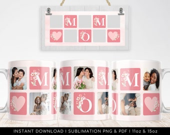 MOM Floral Photo Grid Mug Design. Mother Sublimation Digital Paper. Mom pattern for Transfers 11oz | 15oz - High-Resolution Transparent PNG