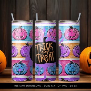 Halloween Tumbler PNG, Trick or Treat PNG Tumbler, Halloween Tumbler Pumpkin Pattern, 20 oz Skinny Tumbler Wrap Design PNG. Instant Download