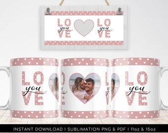 Love You Photo Heart Mug Template, Heart Pattern, Photo Mask Template PNG for Sublimation Valentines Design, Wrap Transfers 11oz | 15oz