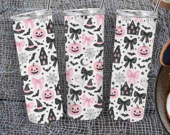 Halloween Tumbler Wrap PNG, Coquette Bow Pumpkin Pattern (Digital Download)