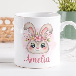 Digital påskhare-personlig muggdesign, blommig kanin PNG-mugg, sublimeringsmugg med glad påsk, anpassad presentmugg med barnnamn.