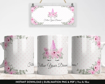 DIY Sublimation Floral Mug Design, Unicorn mug template PNG. Transfer-ready Transparent png designs, and Centralized PDF- Instant Download