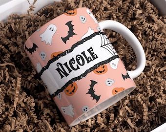 Halloween Sublimation Mug, Add Name Custom PNG Mug File for Sublimation, Mug Halloween Pattern, Mug PNG file, Mug Wrap Transfers 11oz & 15oz