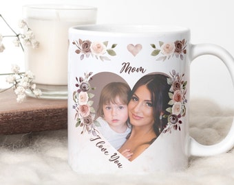 I Love You MOM Mug PNG - Floral Mug, Heart Photo Template for Sublimation. Mother's day custom gift. Wrap Transfers Design - High-Resolution