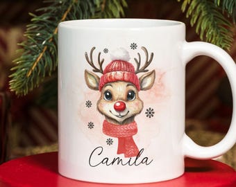 クリスマスのトナカイのPNGマグカップ、カスタム名入り昇華プリントデザイン（デジタルダウンロード）