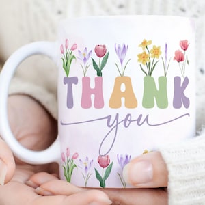 Thank You PNG File Mug, Vintage Watercolor Floral Mug Wrap, Thankful Mug PNG, Thanksgiving Gift Sublimation Mug, Vintage Wildflowers Mug PNG