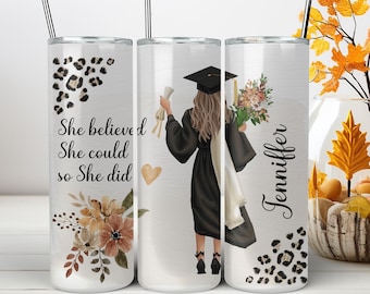 She Believed Graduation PNG Template, Add Your Name Tumbler Wrap Sublimation PNG, Graduate Woman Floral PNG Tumbler Wrap. Instant Download.