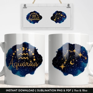 PNG sublimazione fai da te, tazza Acquario, costellazione zodiacale, carta sublimazione PDF centralizzato - 11oz / 15oz - PNG trasparente ad alta risoluzione