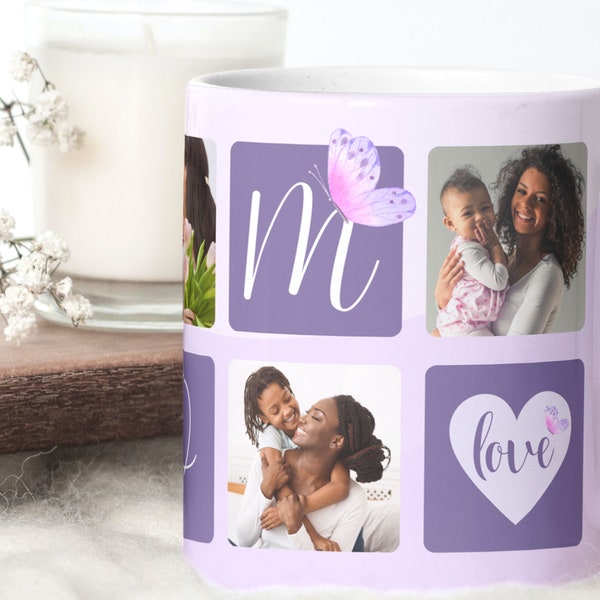 Design della tazza con griglia per foto Love MOM. Carta digitale per sublimazione madre. Modello mamma per trasferimenti 11oz/15oz - PNG trasparente ad alta risoluzione