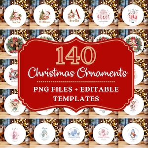 Puede incluir: Una colección de 140 diseños de adornos navideños redondos con ilustraciones en acuarela de muñecos de nieve, renos, calcetines y texto festivo. El set digital incluye archivos PNG y plantillas editables para decoraciones personalizadas.