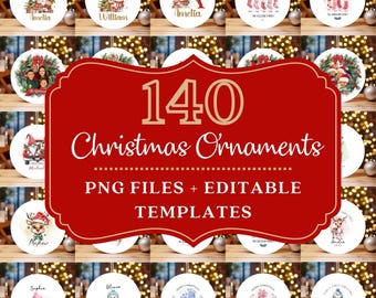 May include: A collection of 140 round Christmas ornament designs featuring watercolour illustrations of snowmen, reindeer, stockings, and festive text. The digital set includes PNG files and editable templates for personalised holiday decorations.