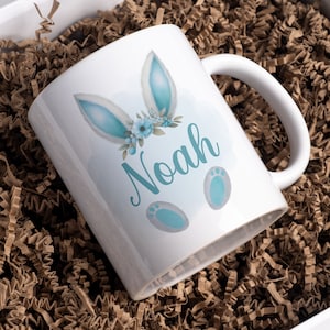 Tazza personalizzata con coniglietto pasquale PNG, tazza acquerello con orecchie da coniglio floreali, tazza per sublimazione di buona Pasqua PNG, download immediato di Transfer Wrap