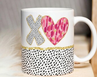 XOXO Heart Mug PNG, Valentine's Day Dalmatian Brushstroke Sublimation (Digital Download)