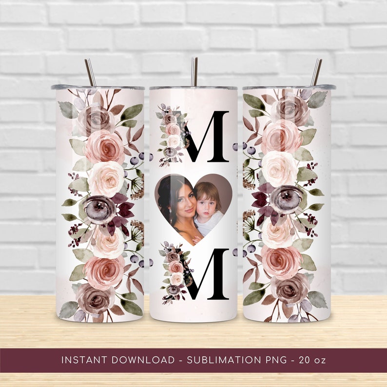 Mom Photo Tumbler PNG for Sublimation, Mom Floral Photo Tumbler PNG, Tumbler Wrap 20 oz, Mom Heart Photo Frame Tumbler PNG, Digital Download image 1