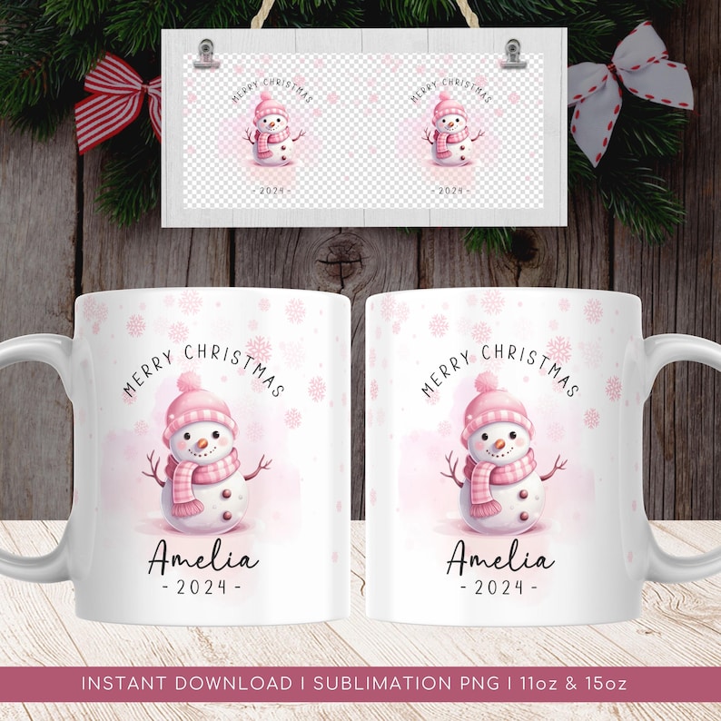 May include: A white ceramic mug with a pink snowman design and the text "Merry Christmas" and "Amelia - 2024 -" printed on it. The mug is decorated with a snowflake pattern.