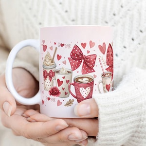 Love Coffee Cup PNG Mug Design. Valentine&#39;s Day Sublimation Mug. Valentine Cups Pattern 11oz | 15oz Transfer Wrap Template, Hearts Mug PNG.
