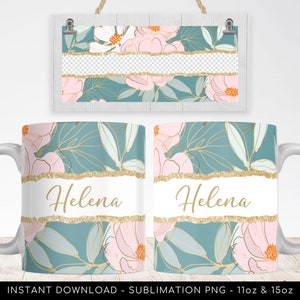 Peut inclure: Une tasse en céramique blanche avec un fond bleu sarcelle et une bande de paillettes dorées. La tasse présente un motif floral avec des fleurs roses et des feuilles dorées. Le nom "Helena" est imprimé en or sur la tasse.