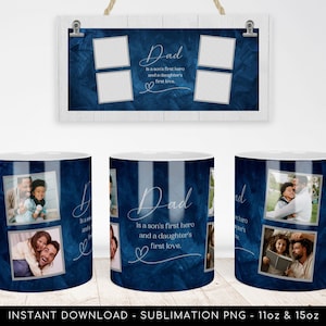 DAD PHOTO Mug Sublimation PNG Template, Dad Photo Grid Mug, Dad Quote Mug, Father&#39;s Day, Custom Photo Mug, 4-Photos - Instant Download