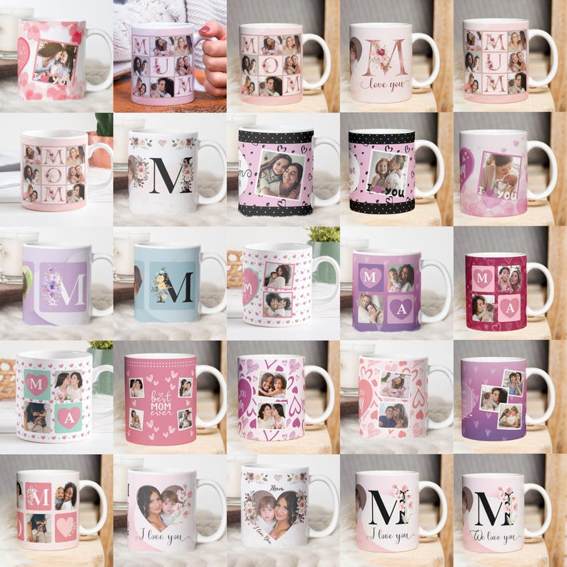 May include: Collection of white ceramic mugs with various designs. Some mugs feature photos, initials, or the words "Mom," "I love you," and "Best Mom Ever." Designs include hearts and floral patterns.