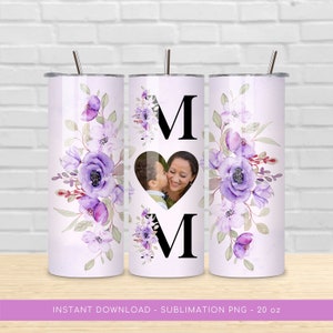 Mom Photo Tumbler PNG for Sublimation, Mom Floral Photo Tumbler PNG, Tumbler Wrap 20 oz, Mom Heart Photo Frame Tumbler PNG, Digital Download image 1