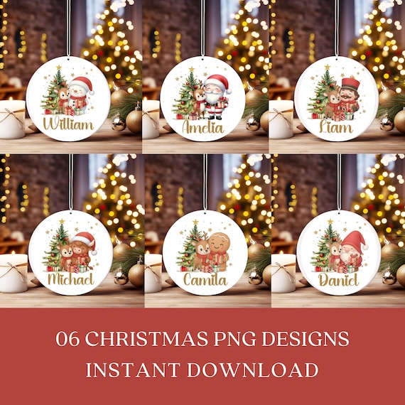 Christmas Ornament PNG Bundle, Santa Round  Ornament Sublimation, Printable Personalized Xmas Family Designs, Custom Kids Name Keepsake Wrap
