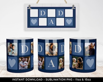 Dad Photo Mug PNG File for Sublimation. Dad Blue 5-Photos Grid Mug Template, Custom Photo Mug png - DIY Mug Father's Day - Instant Download