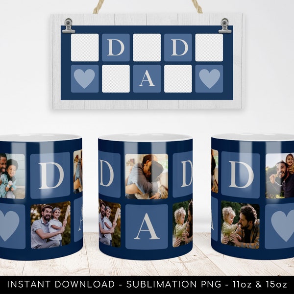 Papa Fototasse PNG Datei für Sublimation. Papa Blau 5-Fotos Grid Mug Vorlage, Benutzerdefinierte Fototasse png - DIY Tasse Vatertag - Sofort Download