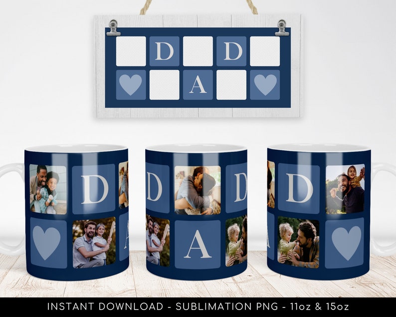 Dad Photo Mug PNG File for Sublimation. Dad Blue 5-Photos Grid Mug Template, Custom Photo Mug png DIY Mug Father's Day Instant Download image 1