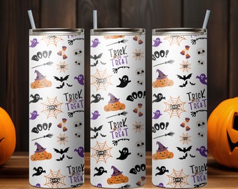 Halloween Tumbler PNG, Trick or Treat PNG Tumbler, Halloween Tumbler Pumpkin Pattern, 20 oz Skinny Tumbler Wrap Design PNG. Instant Download