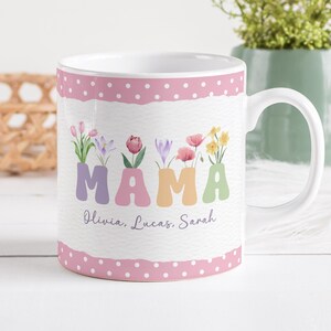 Mama Sublimation PNG Mug. Kids Custom Name Mug PNG, Mother&#39;s Day Gift Floral Mug Design, Vintage Wildflowers Mom Mug Wrap, Digital Download.