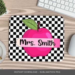May include: A black and white checkered background with a pink apple and a pink pencil with the text "Mrs. Smith" on it.