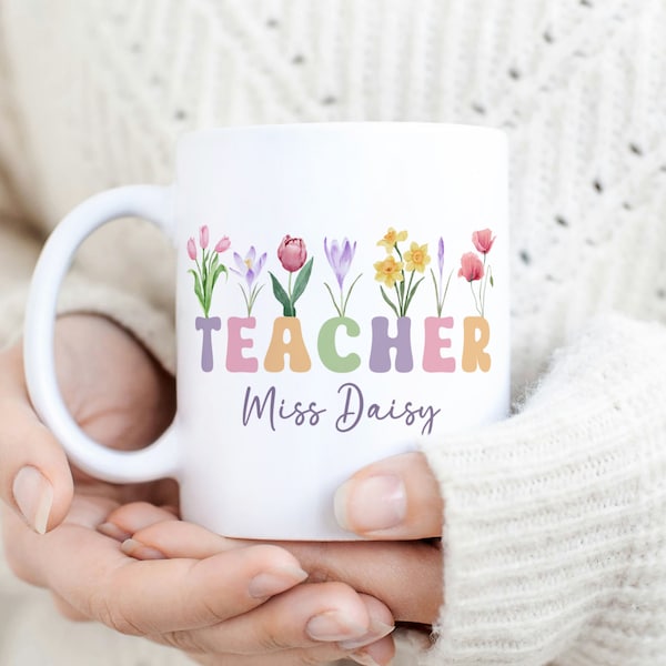 Lehrer-Becher-Sublimations-PNG-Datei, Vintage Blumenbecher PNG, Lehrer-Name personalisierte Tasse PNG, Lehrer-Geschenkbecher, Lehrer-Wildblumen-Becher Png.