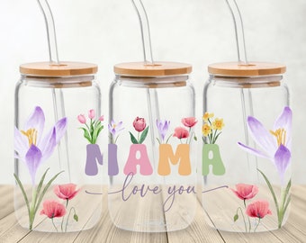 Ik hou van je Mama Glass Can PNG, 16oz Glass Can Sublimation Design, Mom Floral Libbey Glass Wrap, Mom Libby Glass Wrap PNG, Mama Frosted Glass